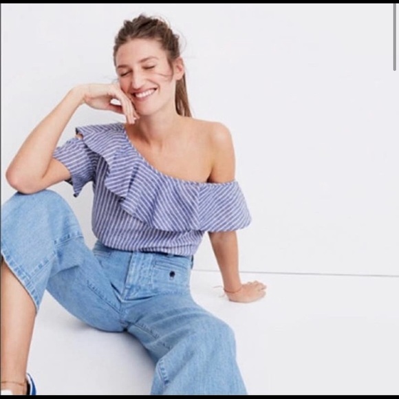 Madewell Tops - Madewell One Shoulder Blue and White Stripe One Shoulder Top
